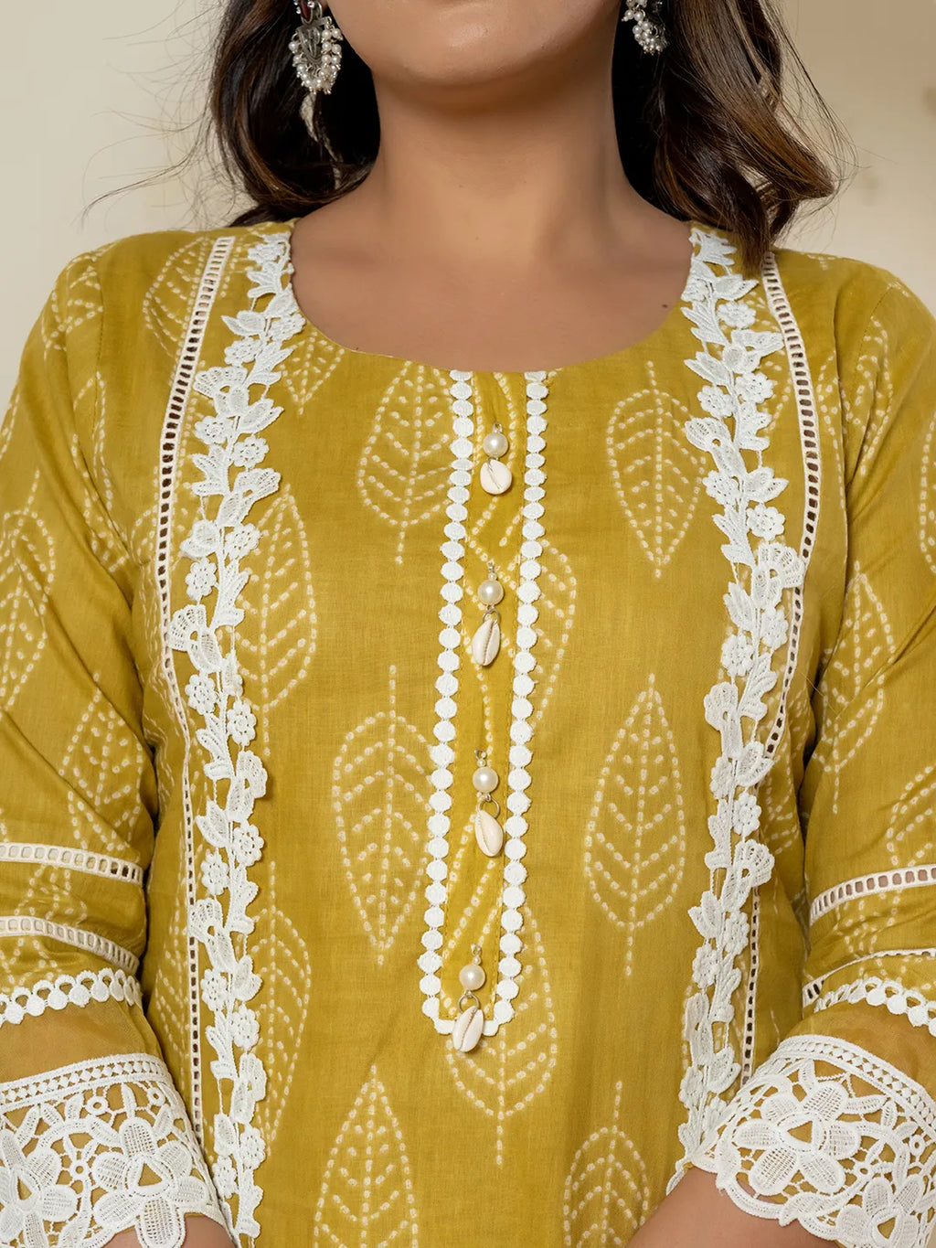 Yufta Yellow Patch Work Pure Cotton Straight Kurta And Dupatta Set