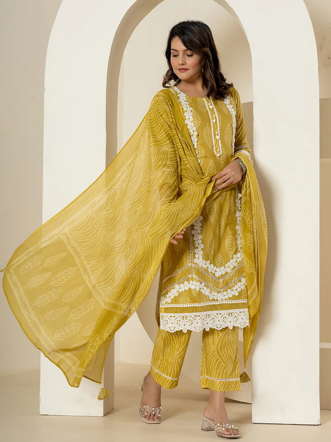 Yufta Yellow Patch Work Pure Cotton Straight Kurta And Dupatta Set