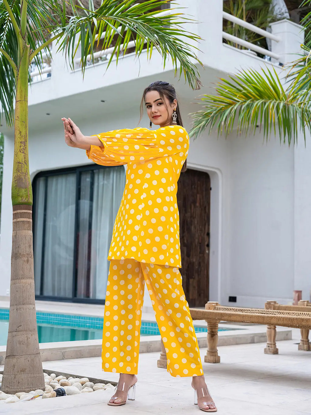 Yufta Yellow Polka Dot Print Top And Trouser Co Ord Set