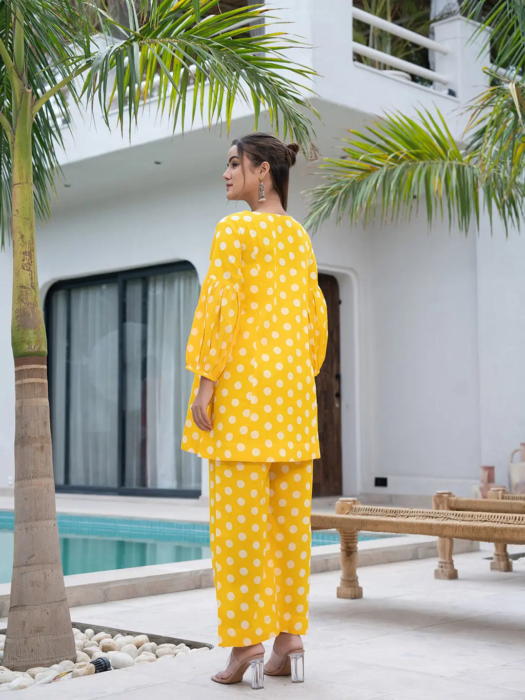 Yufta Yellow Polka Dot Print Top And Trouser Co Ord Set
