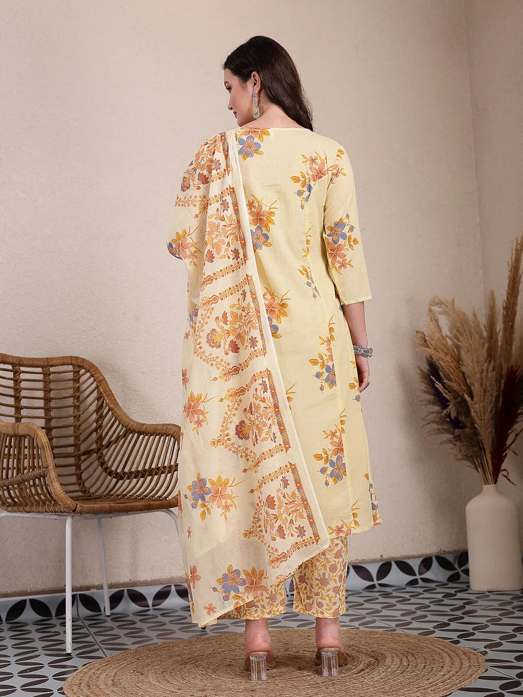 Yufta Yellow Pure Cotton A-Line Pleated Kurta Dupatta Pant Set