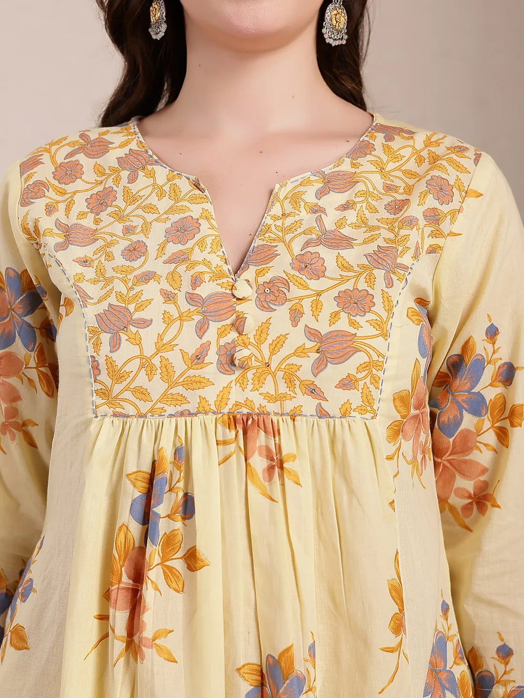 Yufta Yellow Pure Cotton A-Line Pleated Kurta Dupatta Pant Set