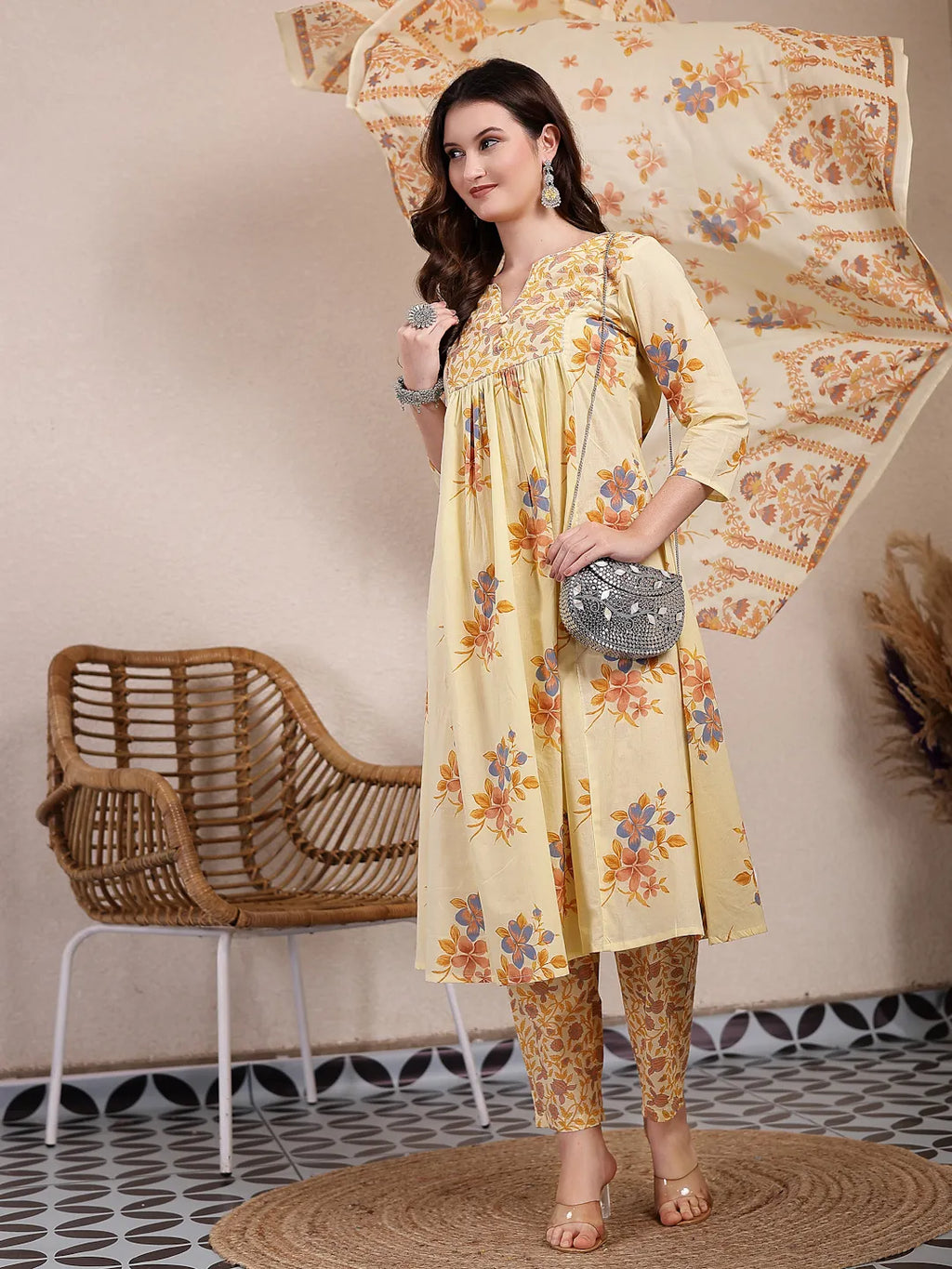 Yufta Yellow Pure Cotton A-Line Pleated Kurta Dupatta Pant Set