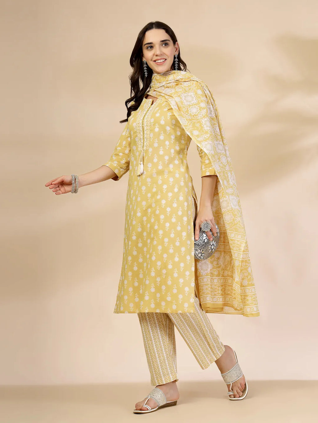 Yufta Yellow Pure Cotton Floral Lace Work Kurta Dupatta Pant Set