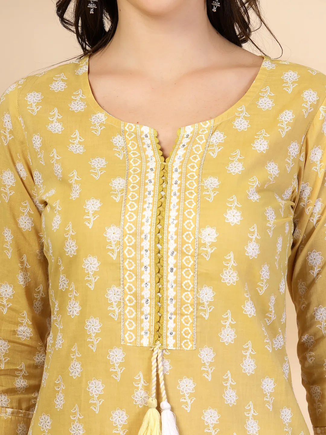 Yufta Yellow Pure Cotton Floral Lace Work Kurta Dupatta Pant Set