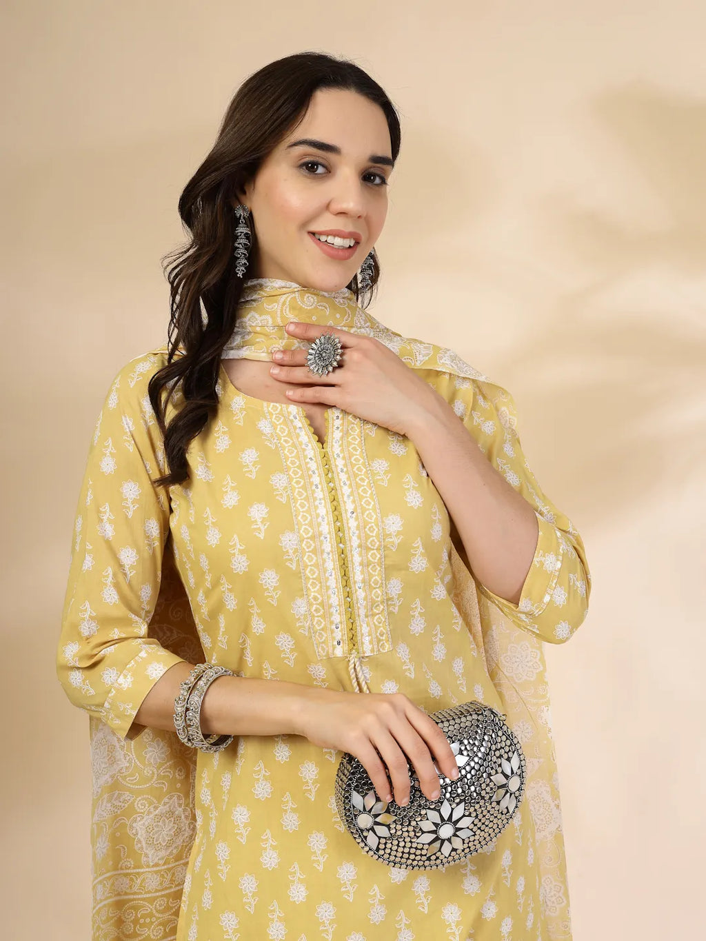 Yufta Yellow Pure Cotton Floral Lace Work Kurta Dupatta Pant Set