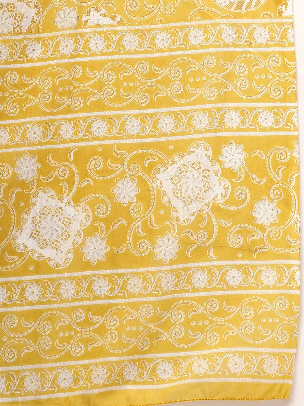 Yufta Yellow Pure Cotton Floral Lace Work Kurta Dupatta Pant Set