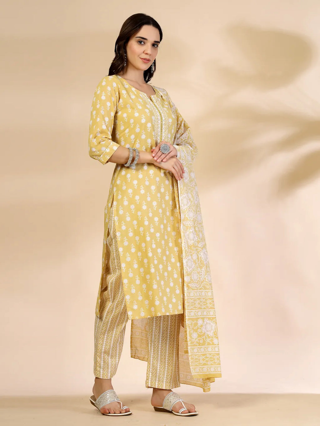 Yufta Yellow Pure Cotton Floral Lace Work Kurta Dupatta Pant Set