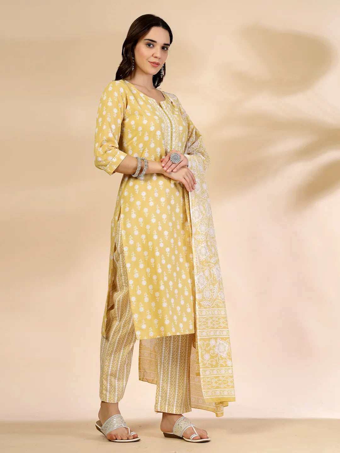 Yufta Yellow Pure Cotton Floral Lace Work Kurta Dupatta Pant Set