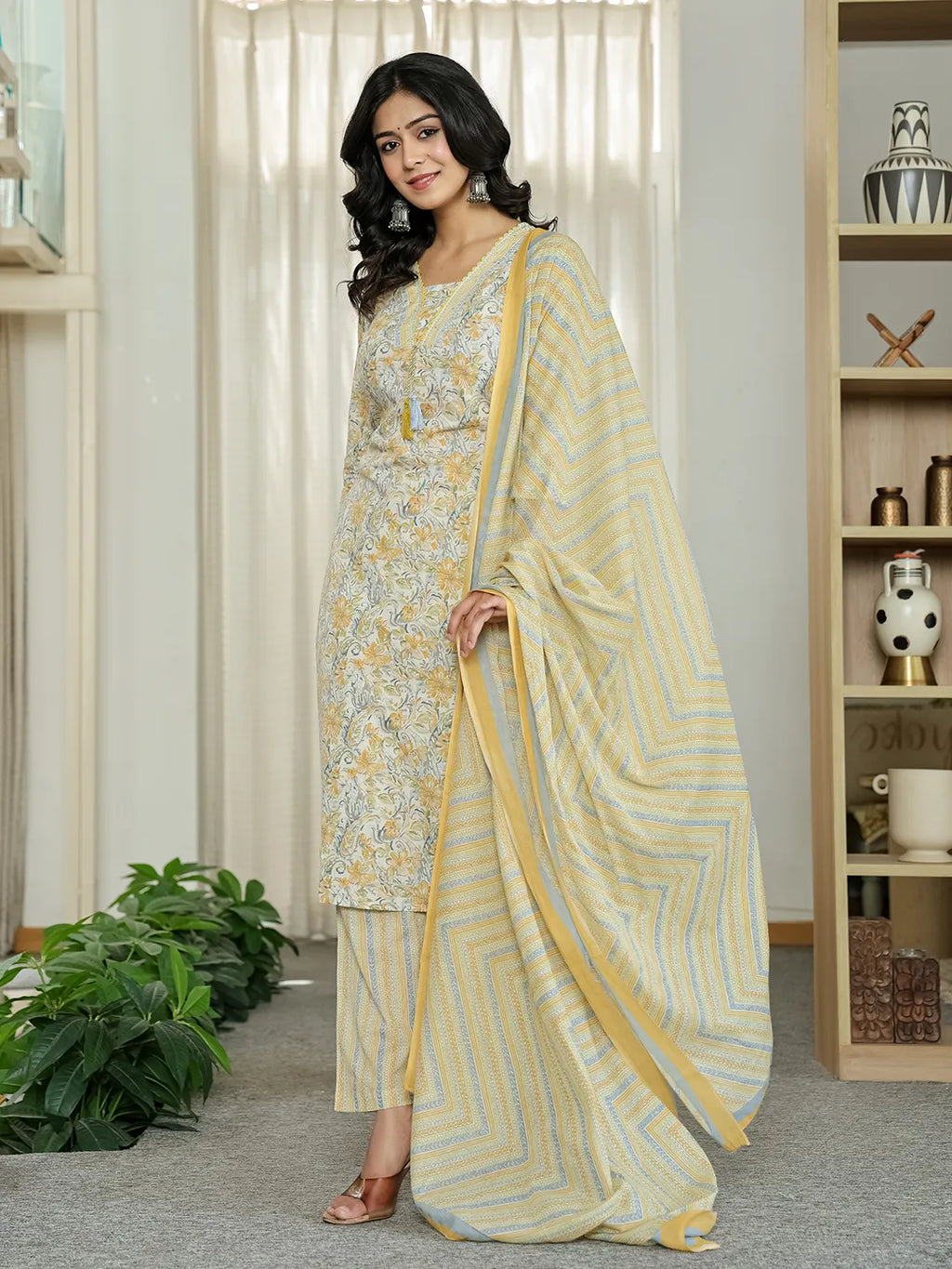 Yufta Yellow Pure Cotton Floral Print Kurta Dupatta Pant Set
