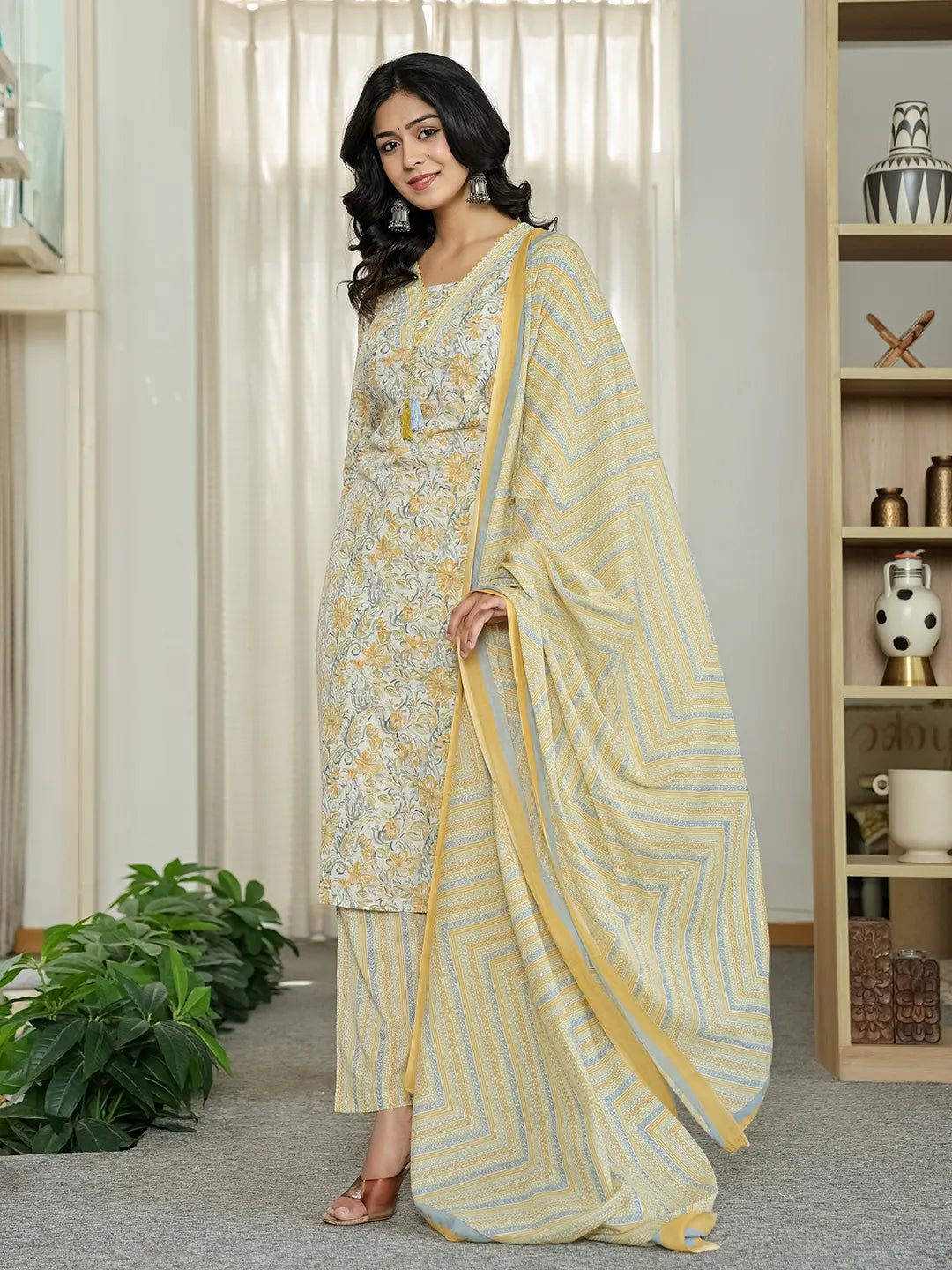 Yufta Yellow Pure Cotton Floral Print Kurta Dupatta Pant Set