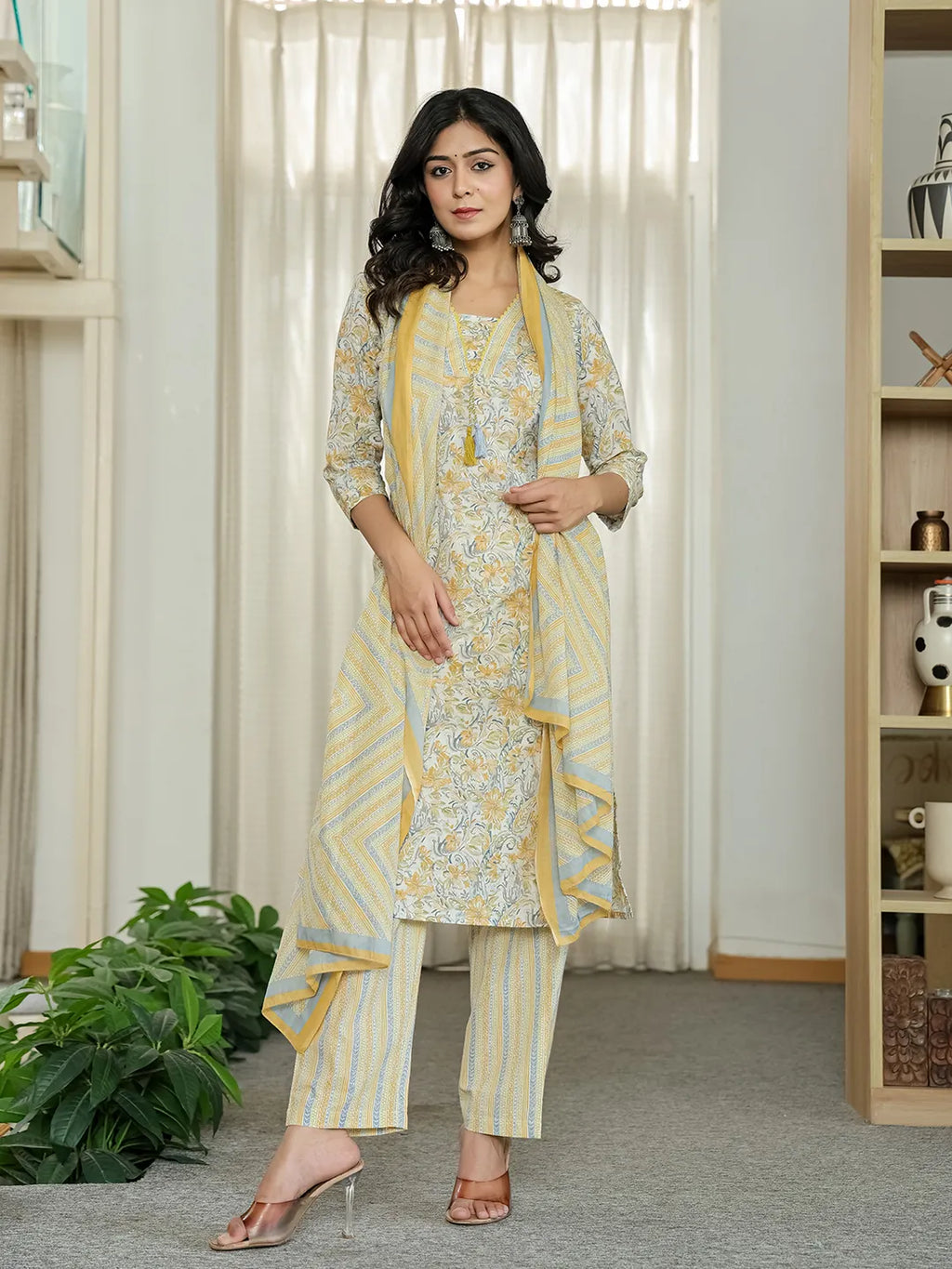 Yufta Yellow Pure Cotton Floral Print Kurta Dupatta Pant Set