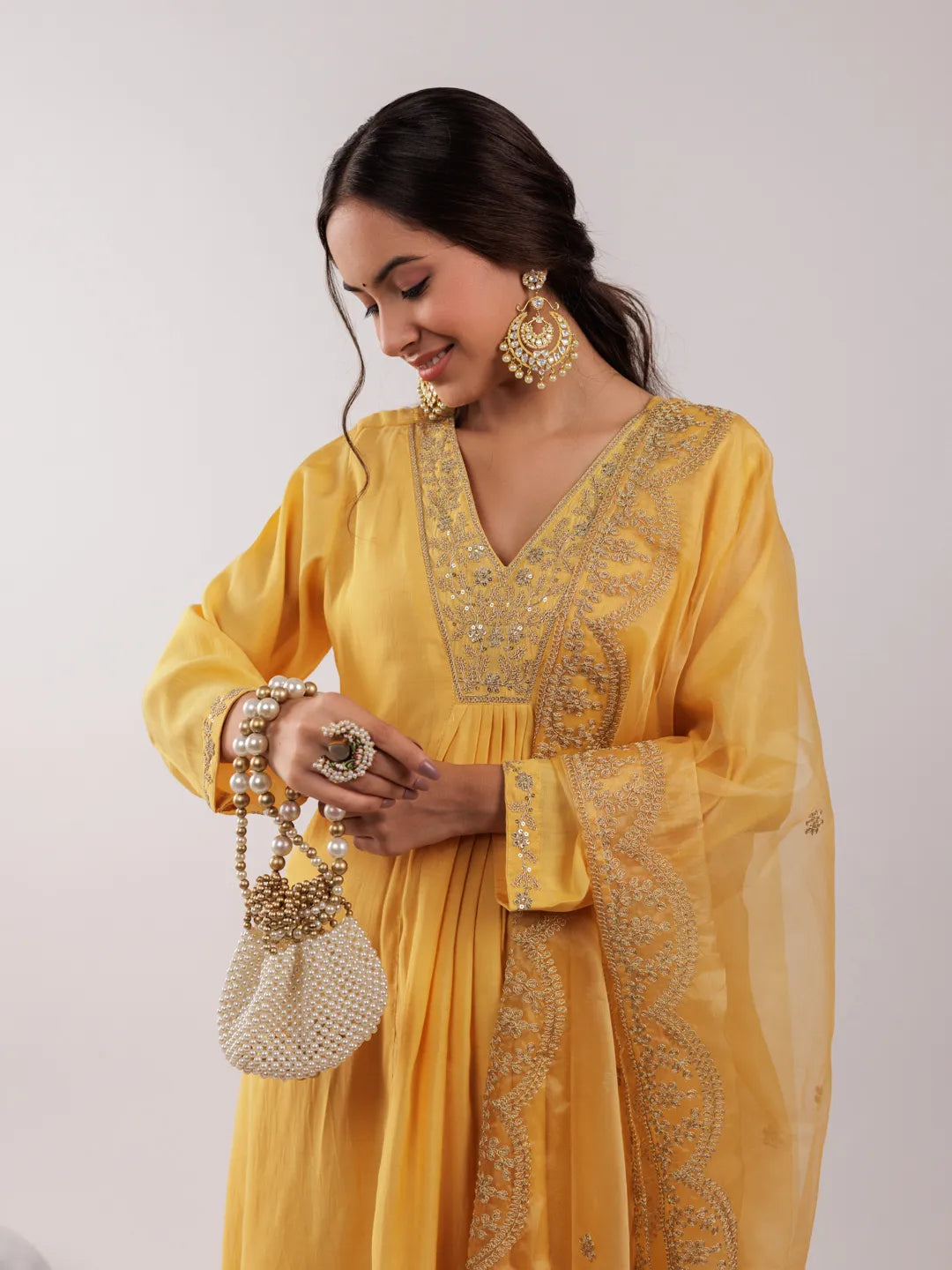 Yufta Yellow Silk Embroidered Kurta Dupatta Set