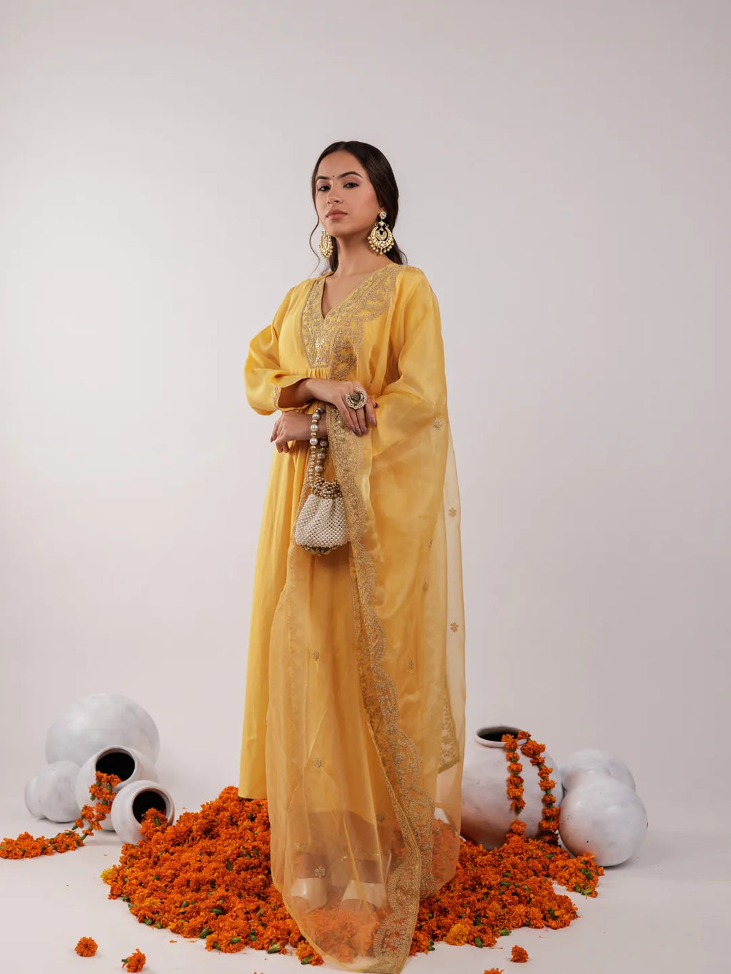 Yufta Yellow Silk Embroidered Kurta Dupatta Set