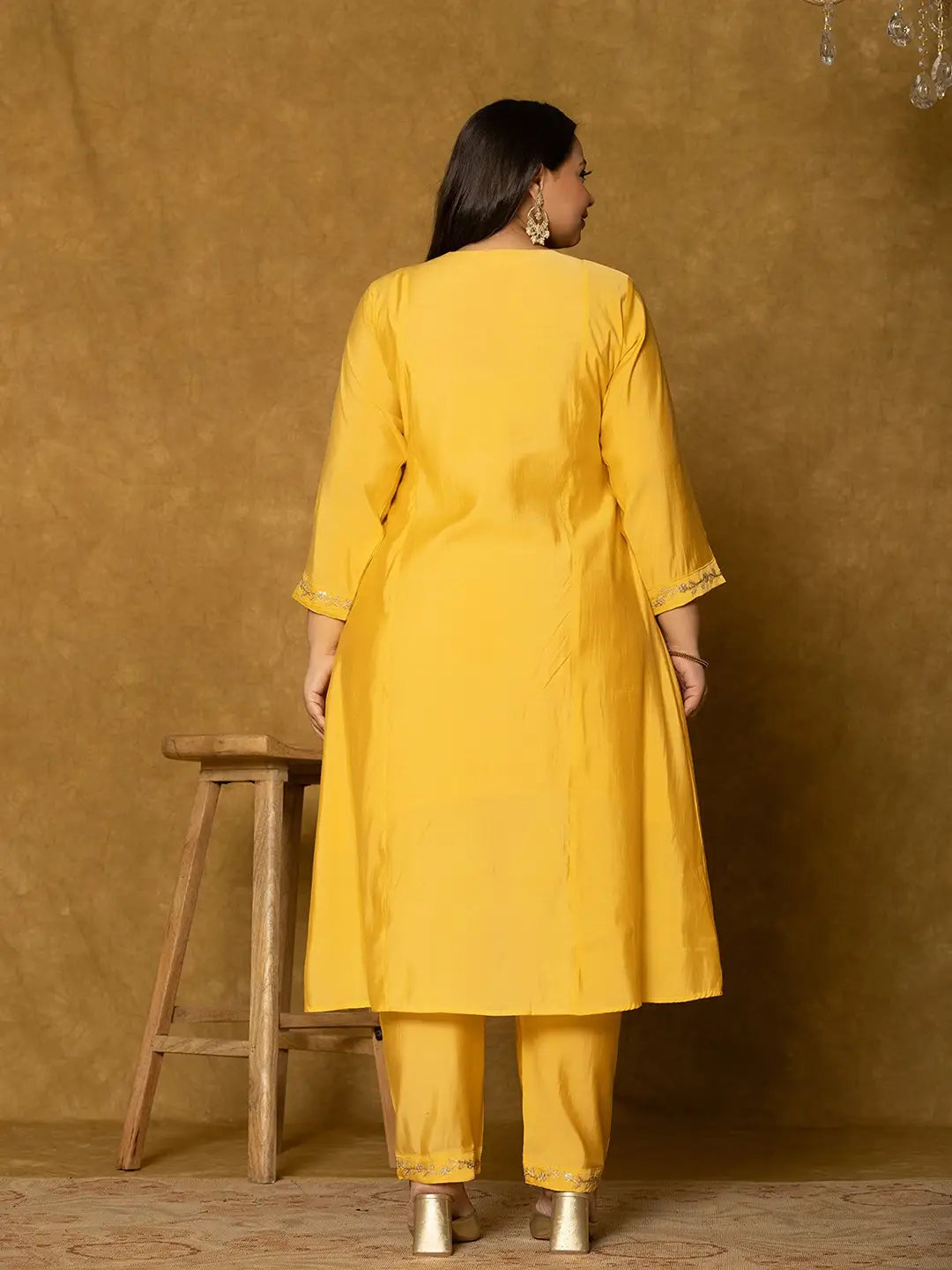 Yufta Yellow Silk Embroidered Plus Size Kurta Dupatta Set