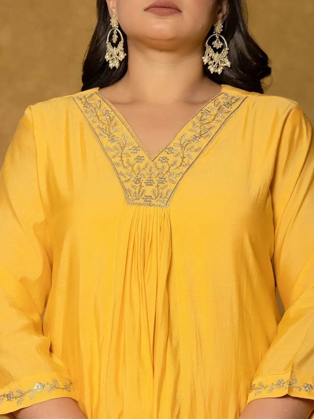 Yufta Yellow Silk Embroidered Plus Size Kurta Dupatta Set