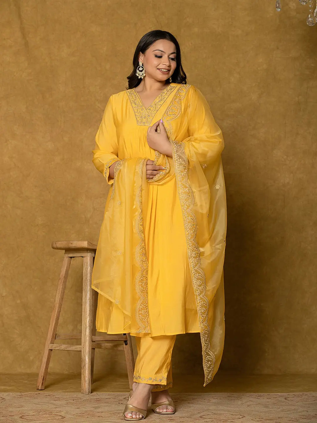 Yufta Yellow Silk Embroidered Plus Size Kurta Dupatta Set