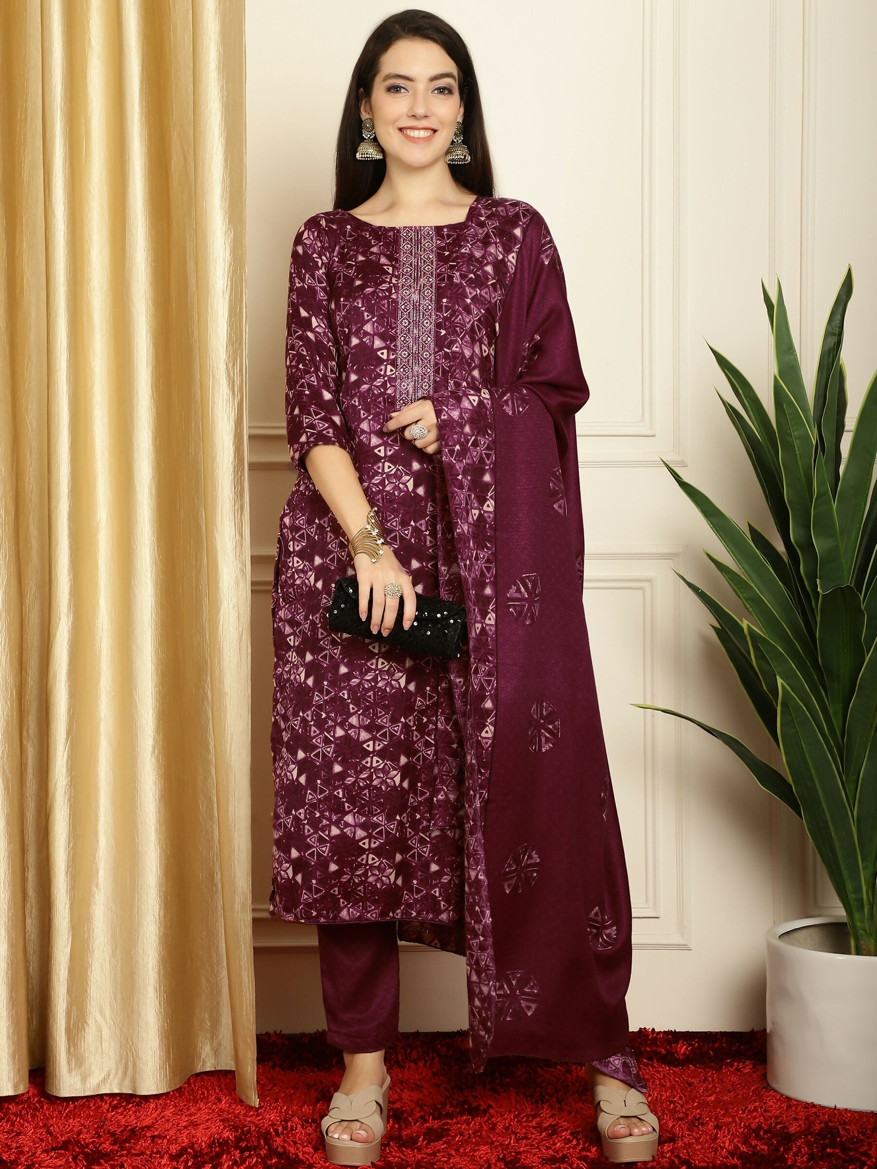 Jyoti Fashion Women's Wine Pashmina Floral Digital Printed Kurta with Trouser & Dupatta