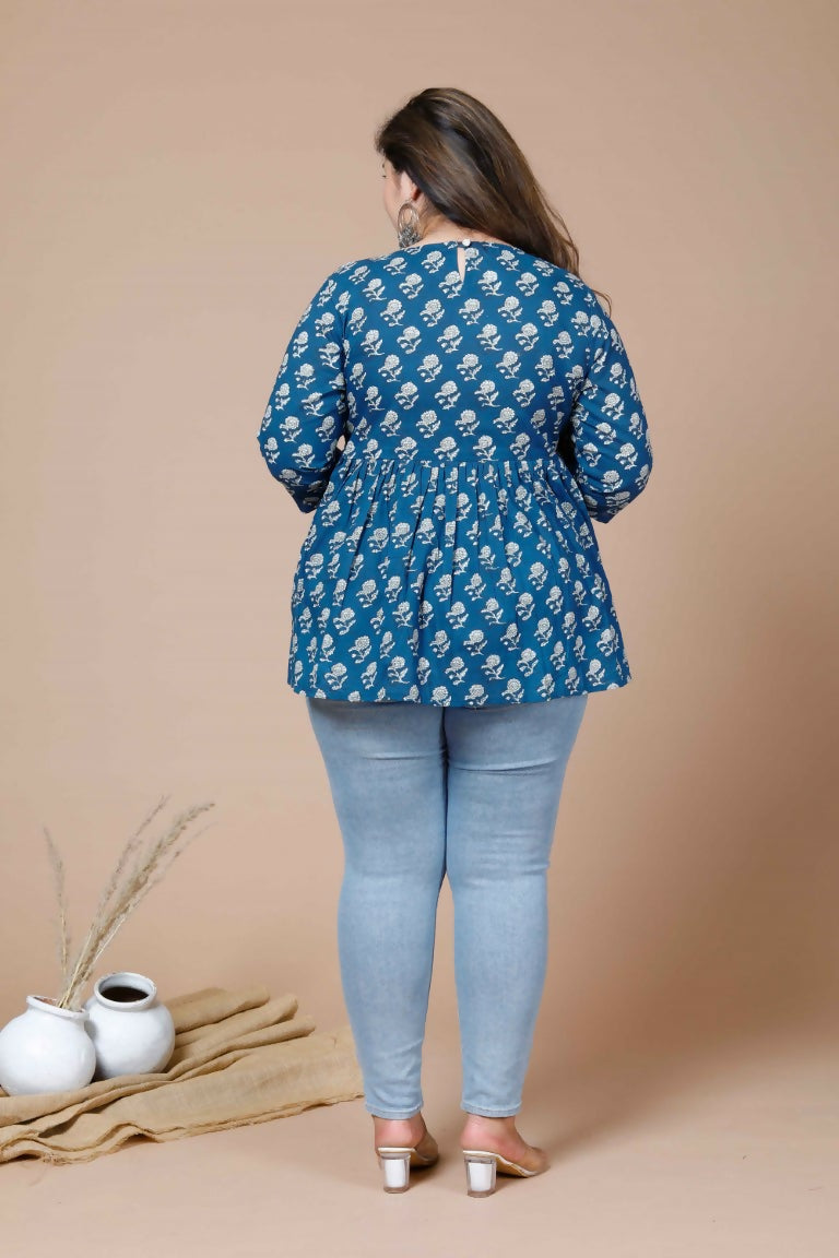 Miravan Women's Blue Plus Size Cotton Floral Printed Short Kurti