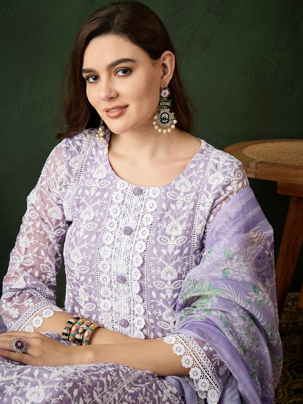 Lavender Crystal Organza schiffli embroidery Kurta With Trouser & Dupatta - Bhumi