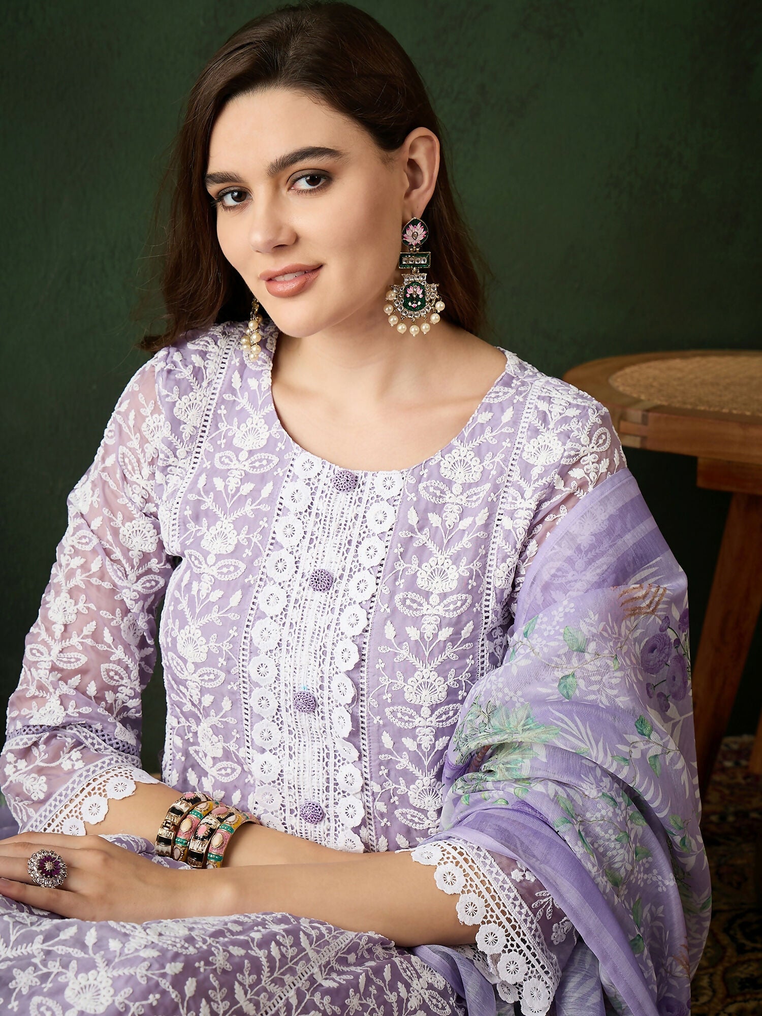 Lavender Crystal Organza schiffli embroidery Kurta With Trouser & Dupatta - Bhumi