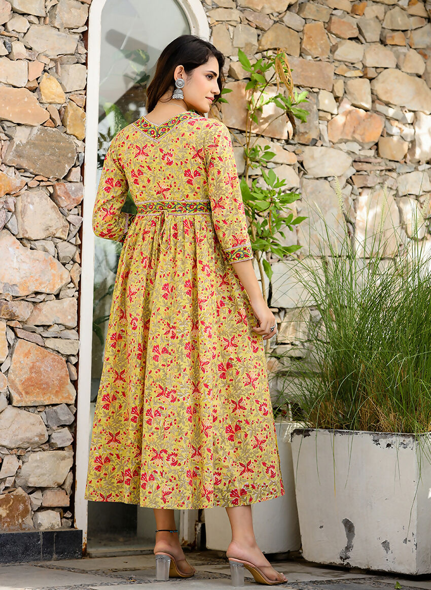 Kaajh Women's Mustard Printed Cotton Handblock Dress