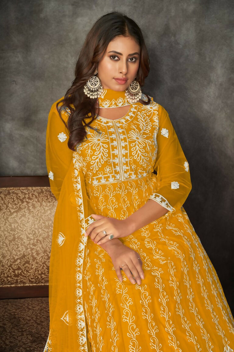Jyoti Fashion Women's Yellow Net Embroidered Anarkali Kurta Pant Set With Dupatta