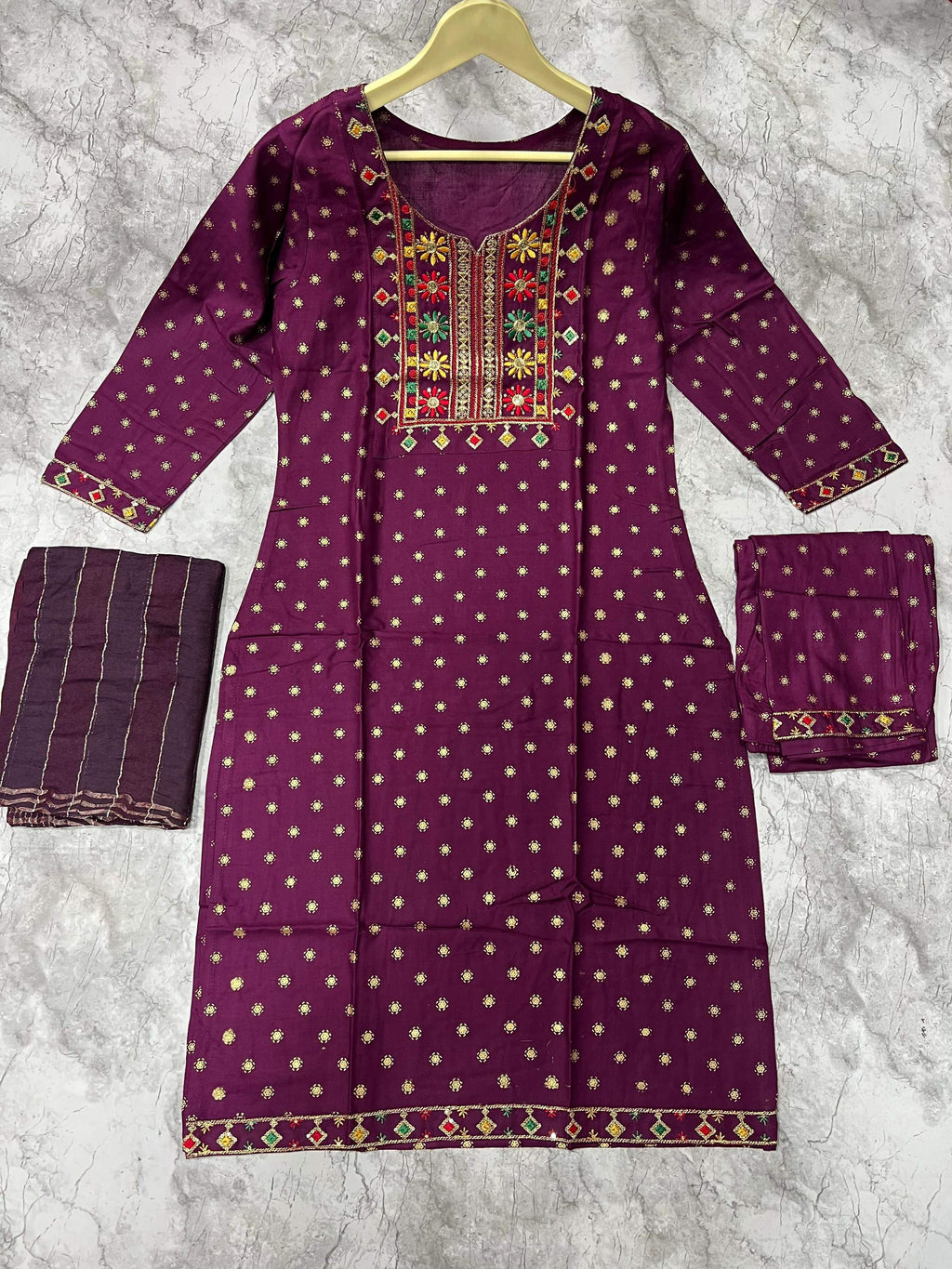 Jyoti Fashion Women's Wine 14KG Rayon Foil Print with Embroidery Kurta Set