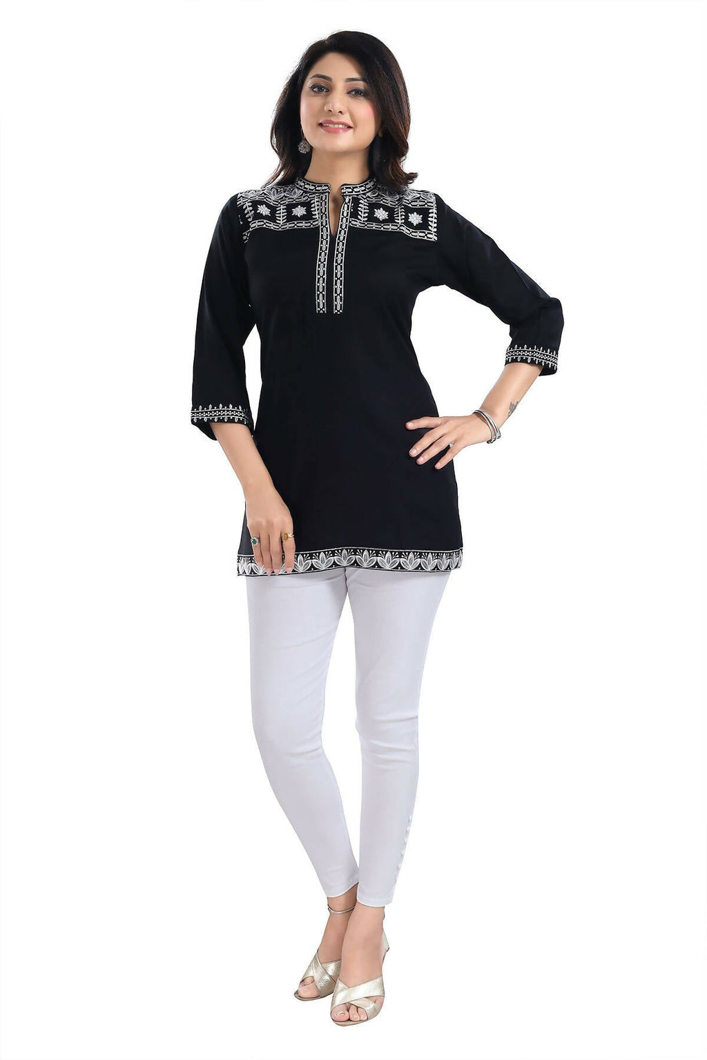 Snehal Creations Blissful Black Women Embroidered Boho Chic Tunic Top