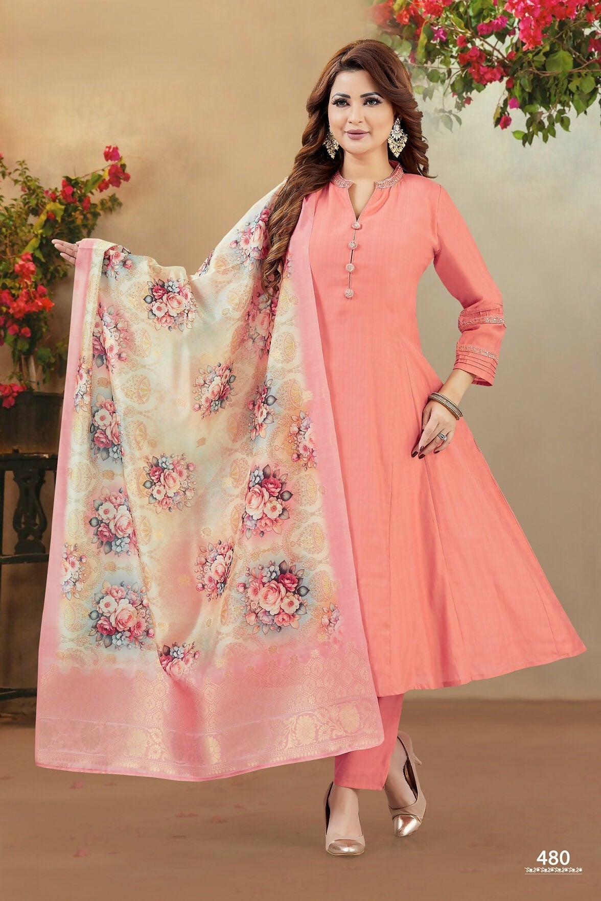 Joban Fashion Women Soft Silk Peach Round Neck Emroidery Kurta Set