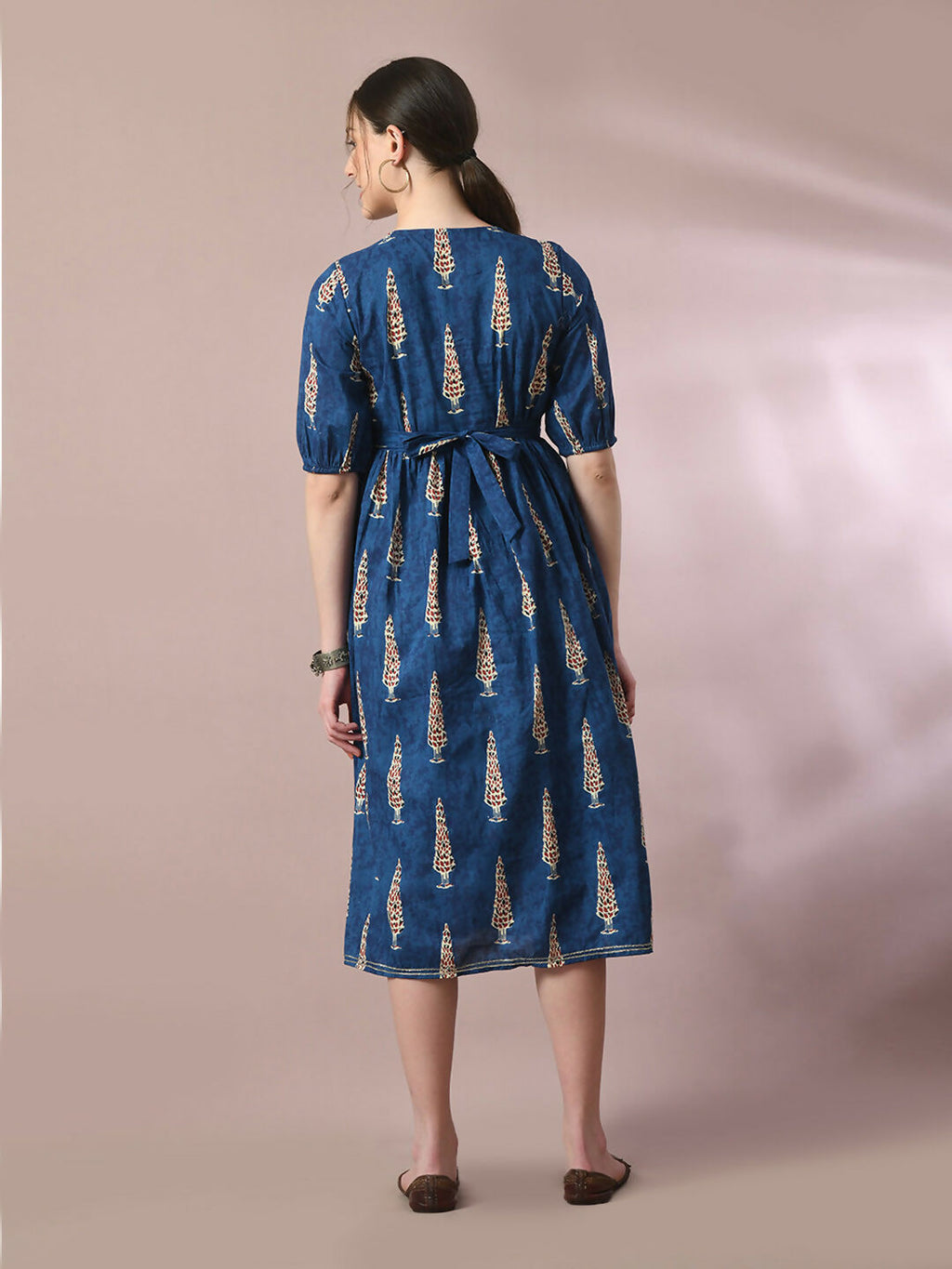 Myshka Women's Blue Printed Cotton V-Neck Empire Party Dress