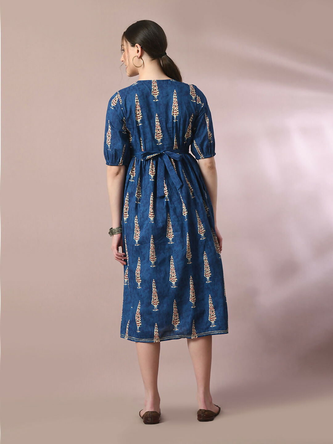 Myshka Women's Blue Printed Cotton V-Neck Empire Party Dress