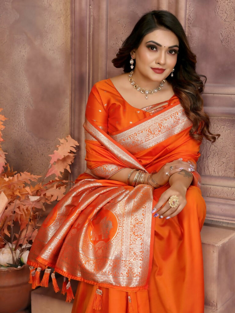 Anaita Dark Orange Banarasi Silk With Beautiful Gala Weaving Saree With Blouse