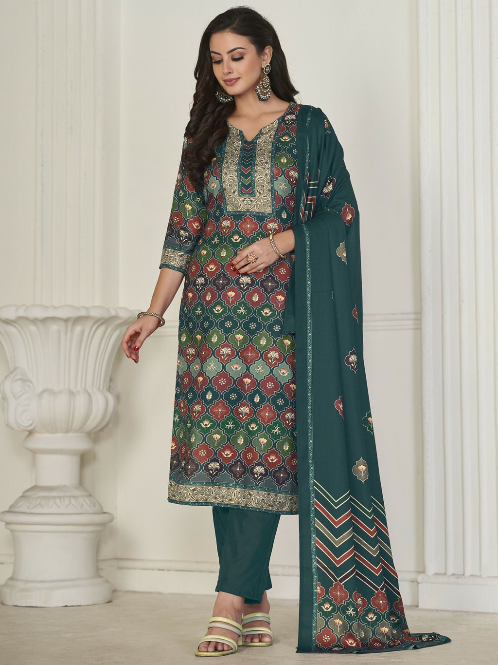 Jyoti Fashion Women's Multicolor Pashmina Digital Printed Kurta with Trouser & Dupatta
