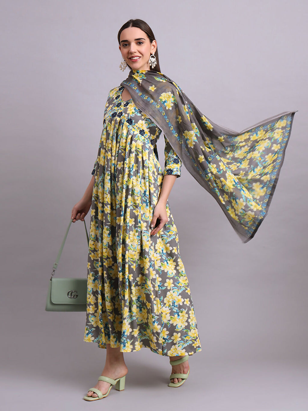 Joban Fashion Yellow Cotton Floral Printed & Embroidery Work Anarkali Dress With Dupatta Set
