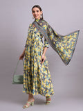 Joban Fashion Yellow Cotton Floral Printed & Embroidery Work Anarkali Dress With Dupatta Set