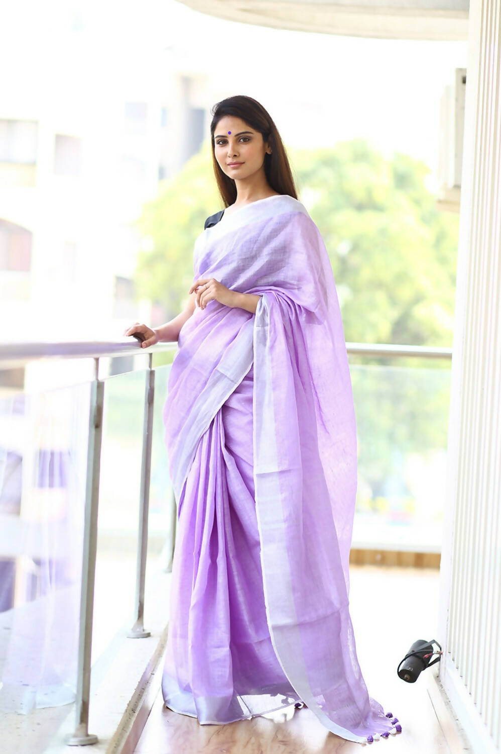 Very Much Indian Pure Linen Saree With Sleek Border And Exclusive Design - Lavender