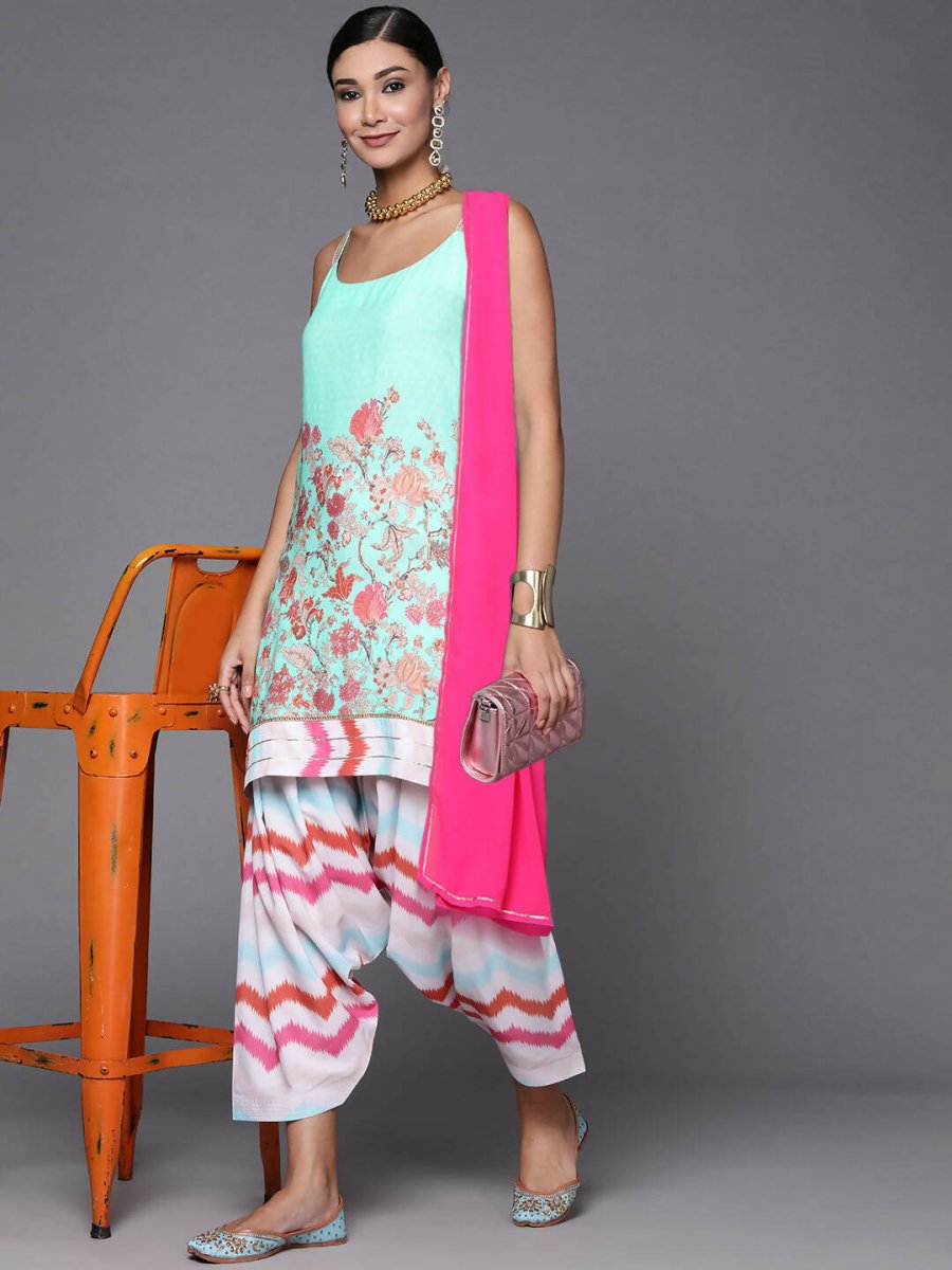 Ahalyaa Women Blue Floral Printed Kurta with Patiala & With Dupatta