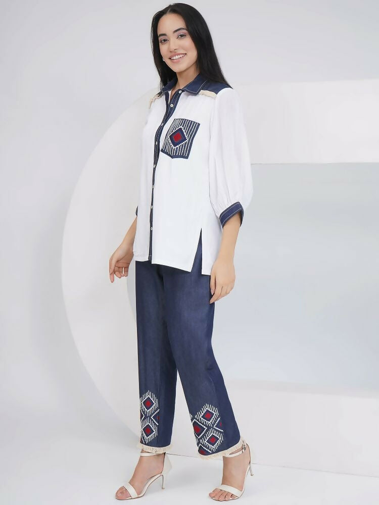 Joban Fashion White Rayon Crepe Hand-Embellished Shirt with Embellished Pants