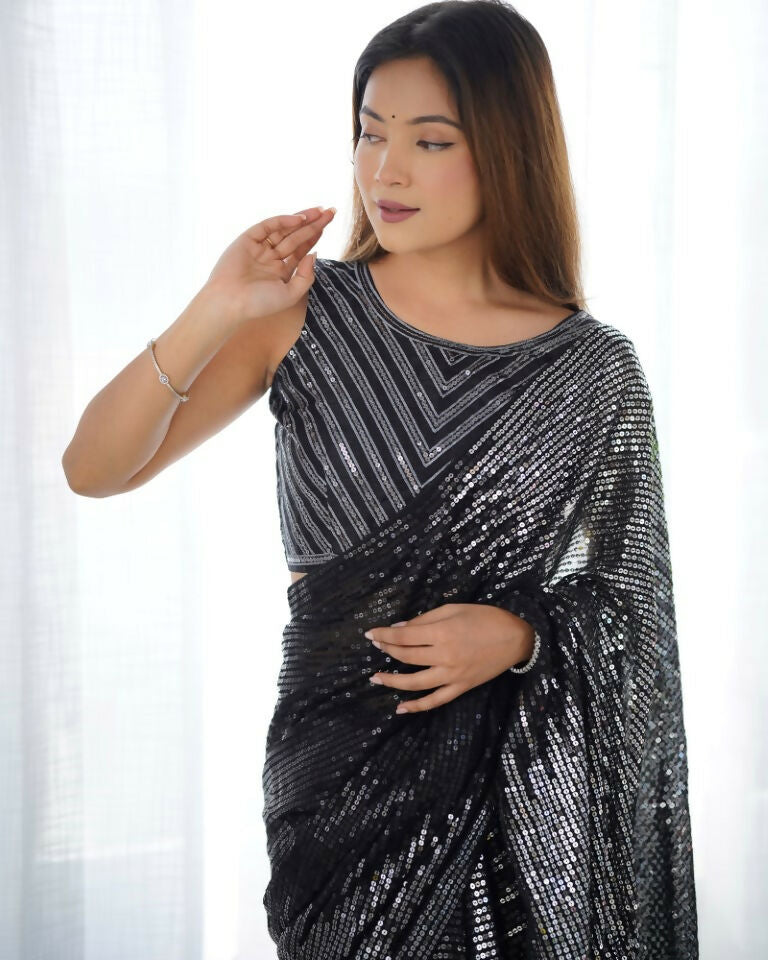 Black Georgette Designer Sequence Embroidery Work Saree - Radhe