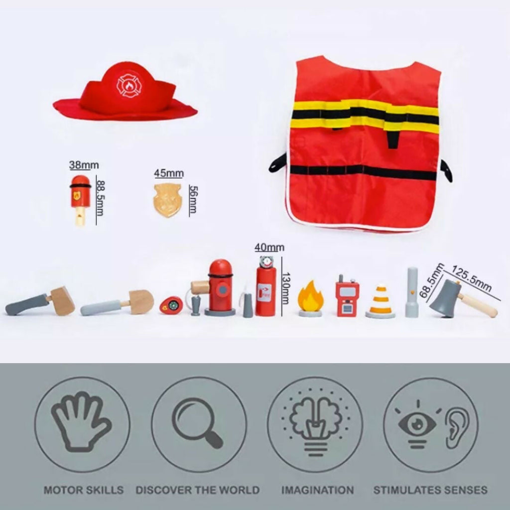 Nesta Toys Wooden Firefighter Pretend Play Toy with Fireman Costume Kit (14 Pcs)