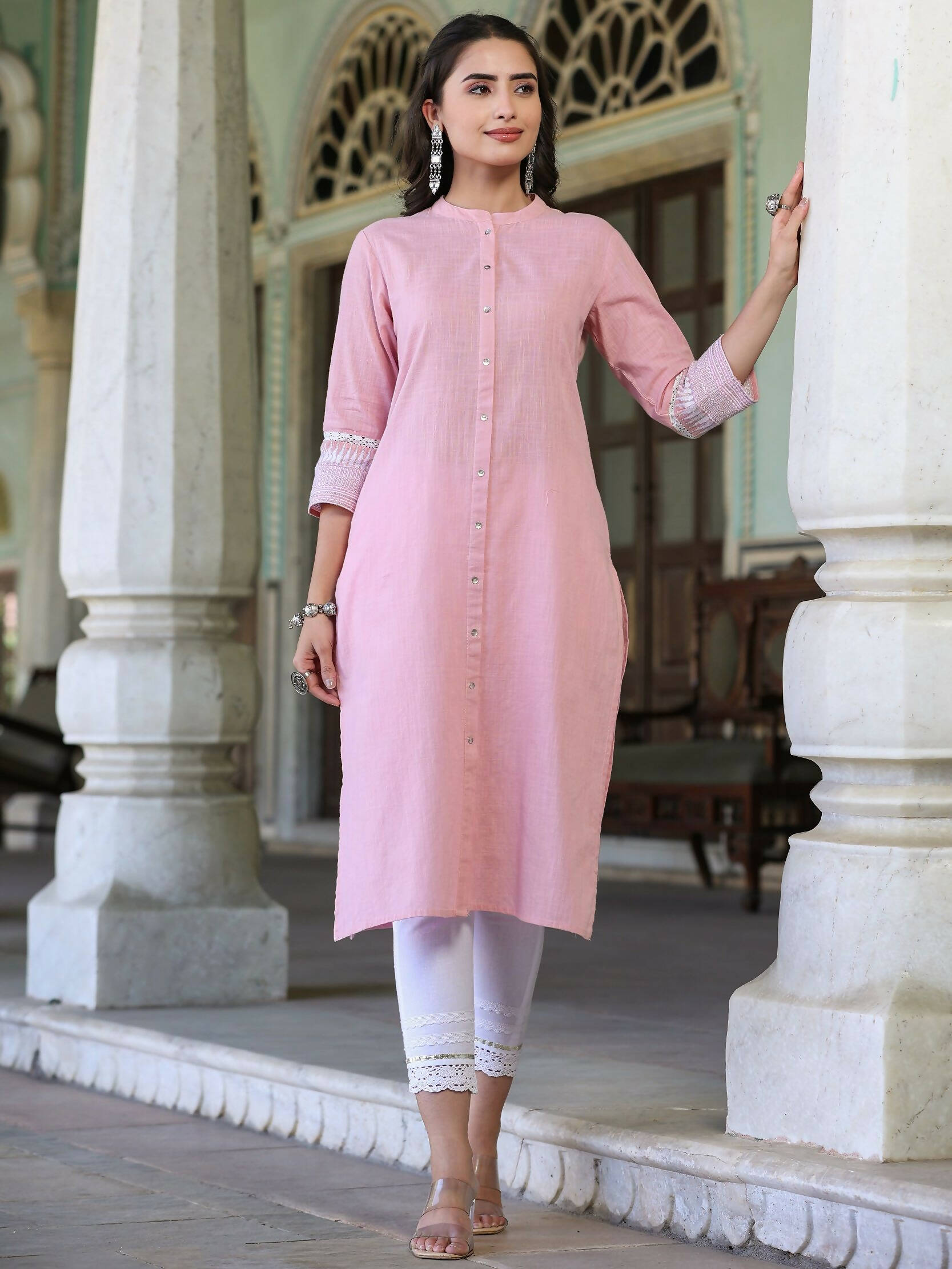 Juniper Women's Pink Cotton Slub Embroidered Straight Kurta