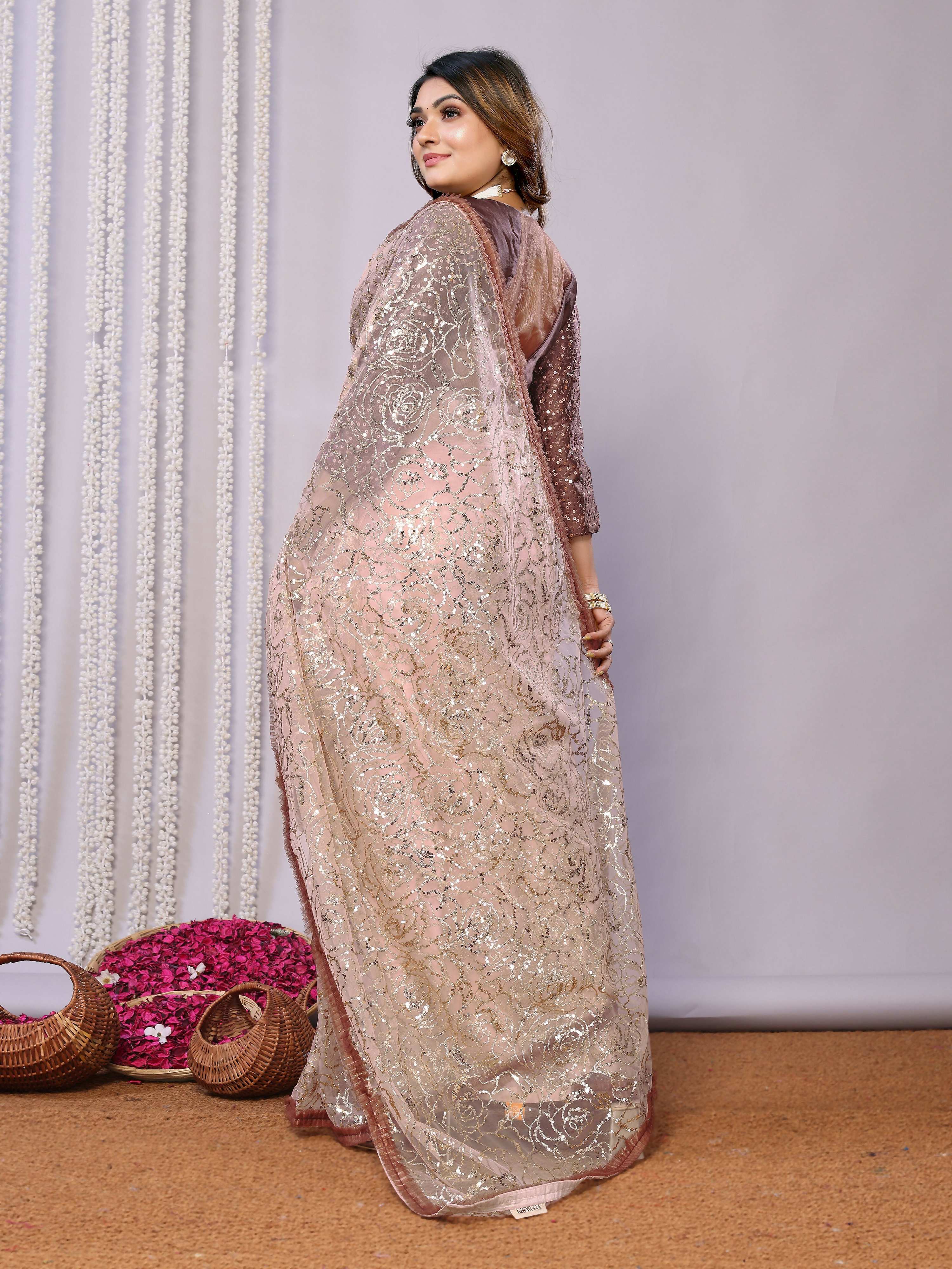 Brown Net Embroidered Saree With Stitched Blouse - Nimaya Kaksha