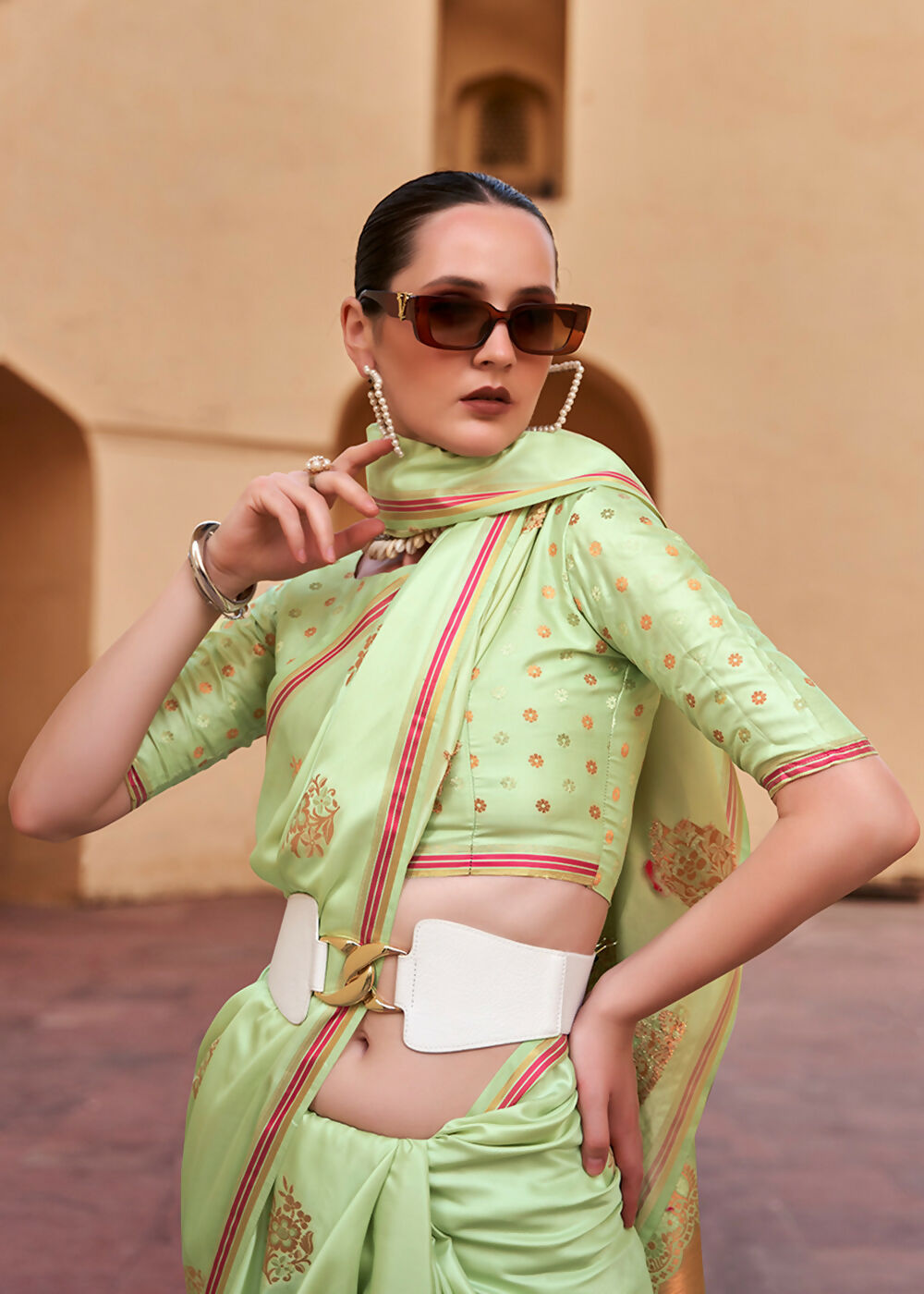 Sprout Green Pure Satin Zari Weaving Wedding Festive Saree - Emponline