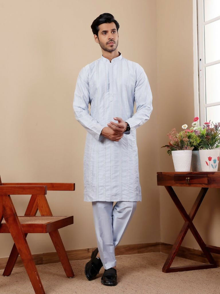 Light Blue Silk Designer Embroidery Work Men's Rajwadi Kurta Set - Mahotsav