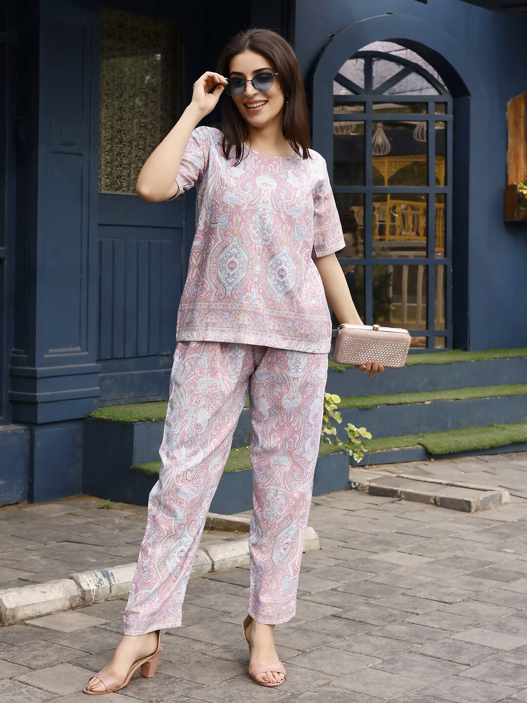 Pink Rayon Paisley Printed Top with Matching Bottom - Eesha