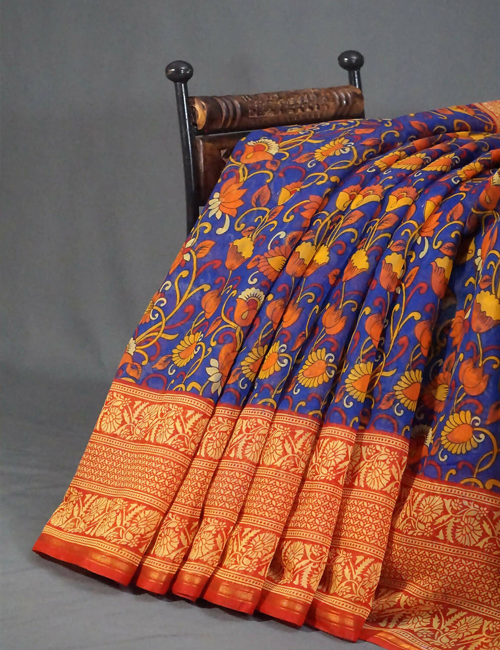 Vibrant Combination Of Ink Blue Kalamkaari Design Semi Chanderi Saree With Contrast Blouse By Gayathri Reddy Designer Studio