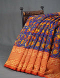 Vibrant Combination Of Ink Blue Kalamkaari Design Semi Chanderi Saree With Contrast Blouse By Gayathri Reddy Designer Studio