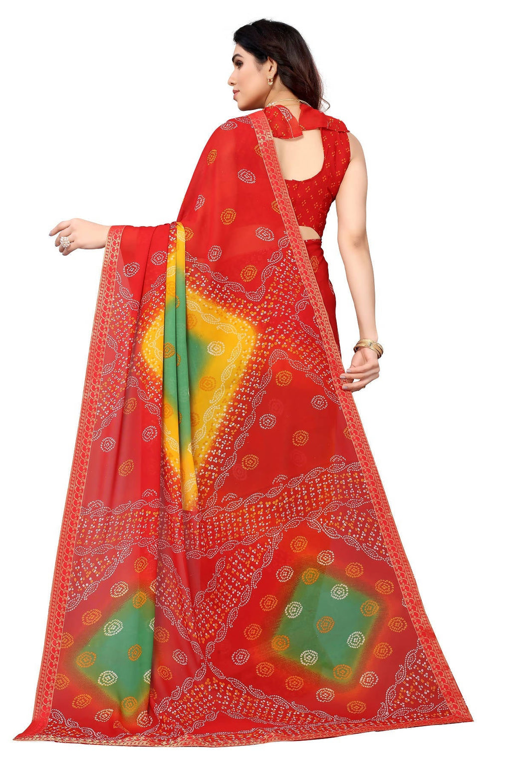 Vamika Ethnic Fire Red Printed With Lace Saree