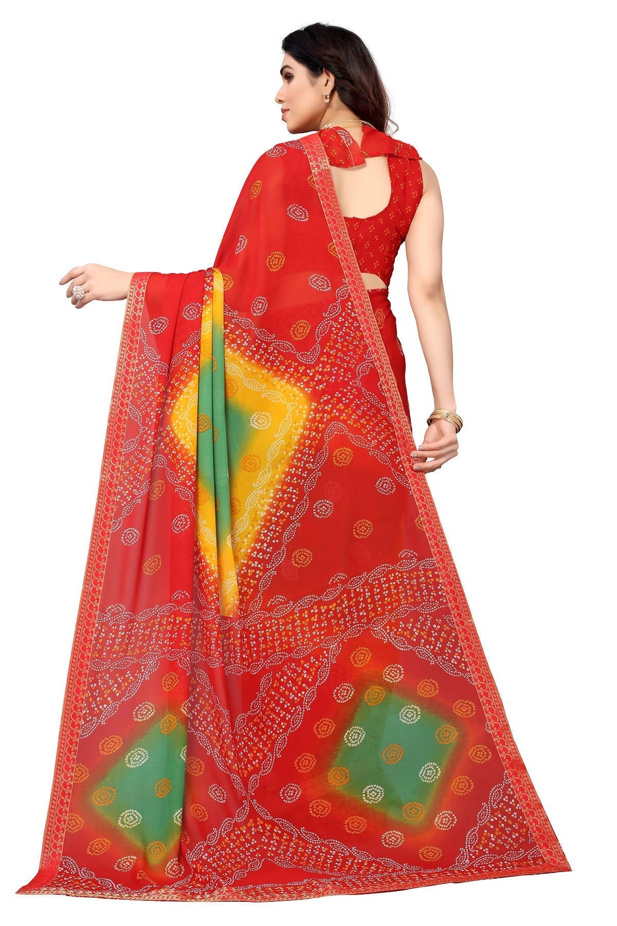 Vamika Ethnic Fire Red Printed With Lace Saree